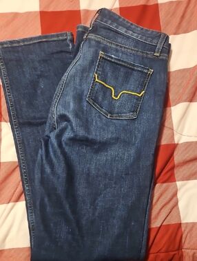 Kimes Ranch Dark Blue Jeans with Yellow Pocket Stitch